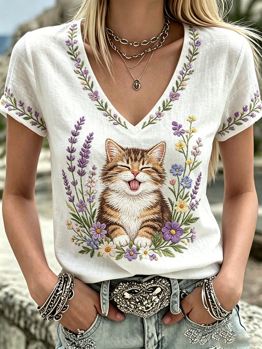 Women's Plants And Flowers Cute Cat Print V-Neck Casual T-Shirt