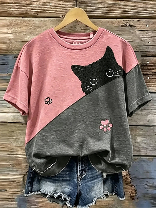 Women's Cute Flower Cat Short Sleeve T-shirt