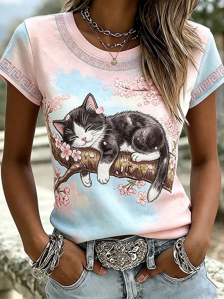 Women's Casual T-Shirt with Cat and Animal Embroidery & Print