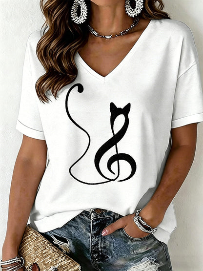 Women's Cat Print V-Neck T-Shirt