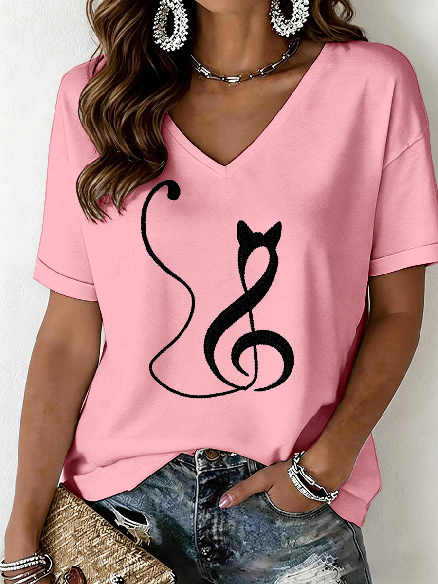 Women's Cat Print V-Neck T-Shirt