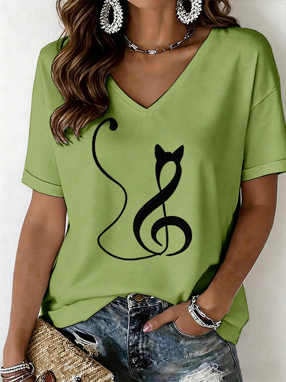 Women's Cat Print V-Neck T-Shirt
