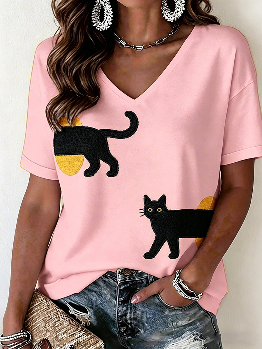 Women's Cat Pattern V-Neck T-Shirt