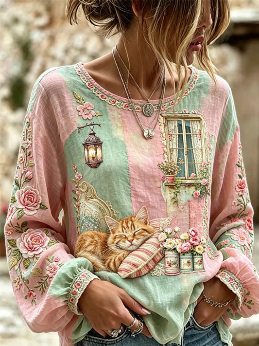 Women's Cat Embroidered Print Shirt