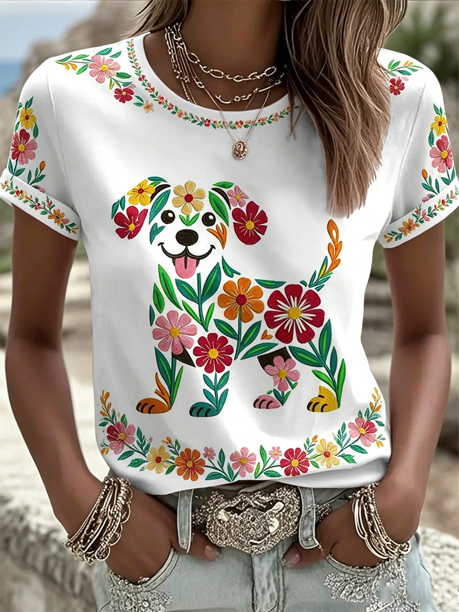 Women's Floral Dog Print Casual Tee
