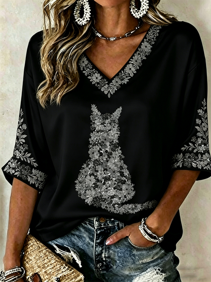 Women's Cat and Floral Print Mid-length Sleeves V-Neck T-Shirt
