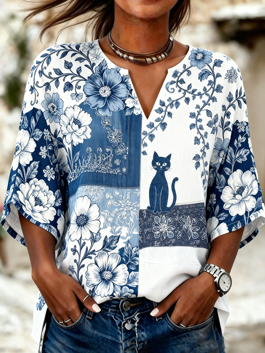 Women's Floral Cat Print Casual V-Neck Shirt