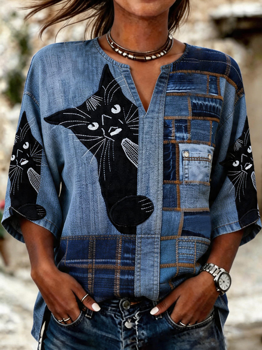 Women's Funny Black Cat Print Casual V-Neck Shirt