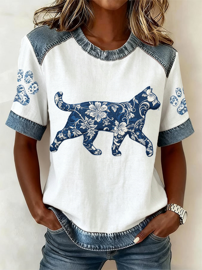 Women's  Cat and Floral Print Casual Short Sleeved T-Shirt