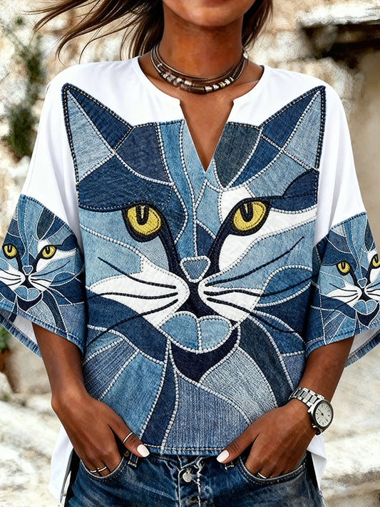Women's Cute Cat Print Casual V-Neck Shirt