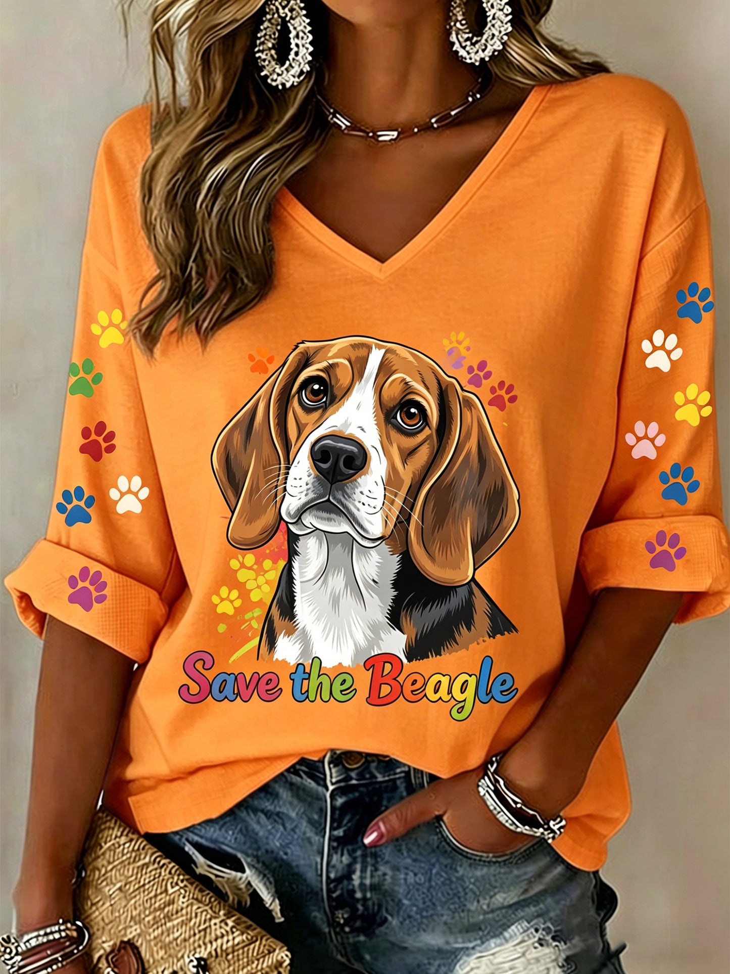 Women's Beagle Print V-Neck Top