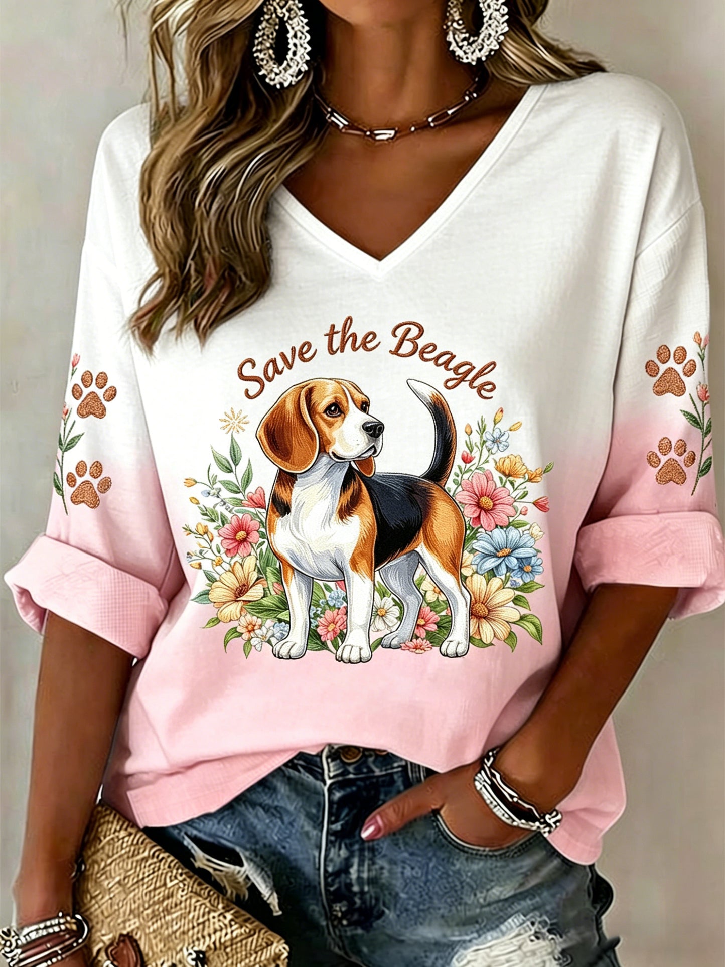Women's Beagle Print V-Neck Top