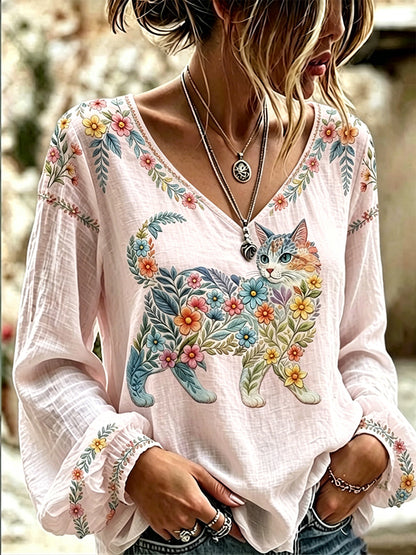 Women's Floral Cats Print Casual Long Sleeve V-Neck Top
