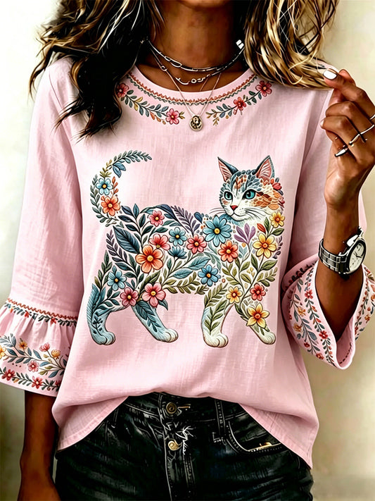 Women's Floral Cats Print Casual Top