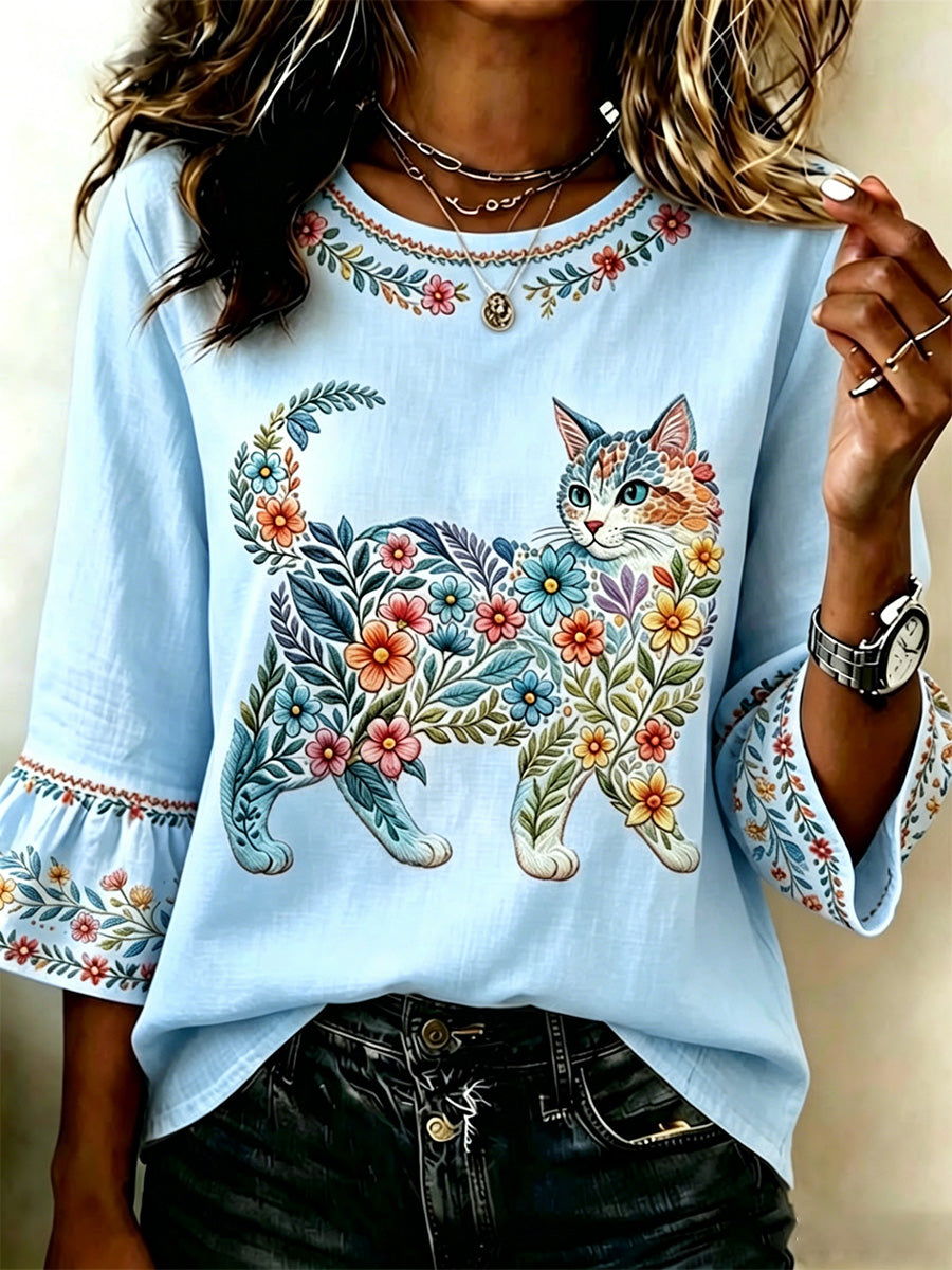 Women's Floral Cats Print Casual Top