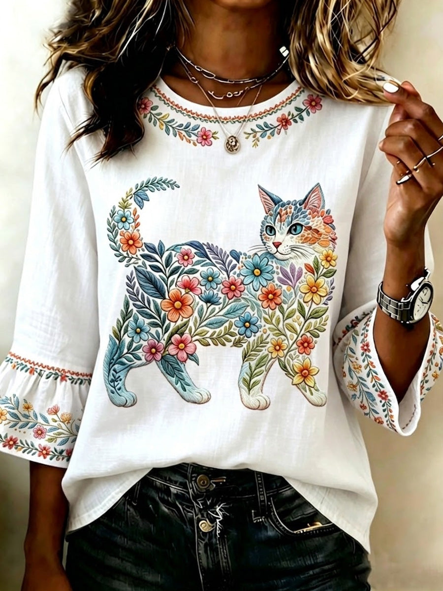 Women's Floral Cats Print Casual Top