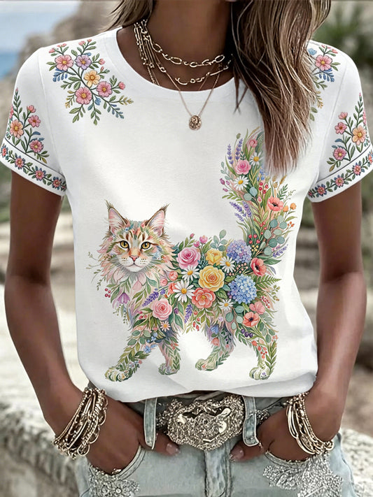 Women's Floral Cat Print Casual Tee
