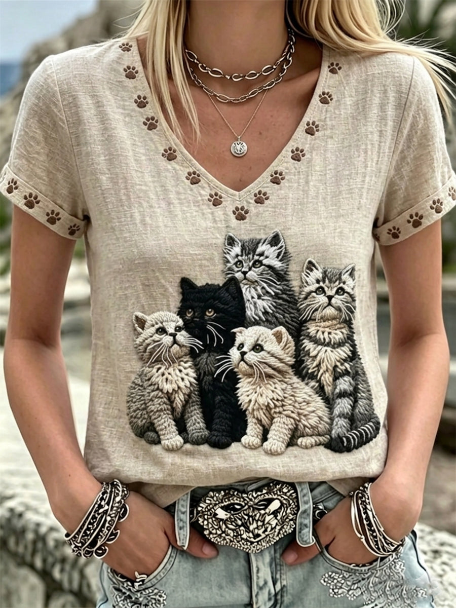 Women's Lovely Cats Art & Paw Prints V-Neck Linen Short Sleeves Top