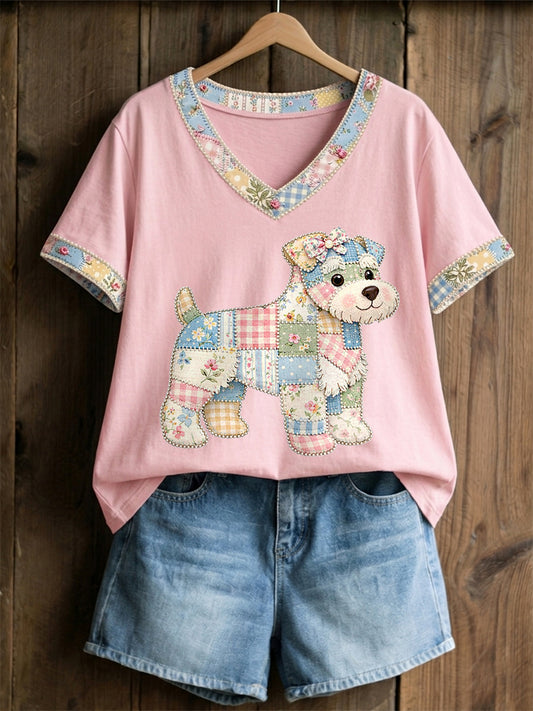 Women's Cute Floral Dog Print Casual V-Neck Tee