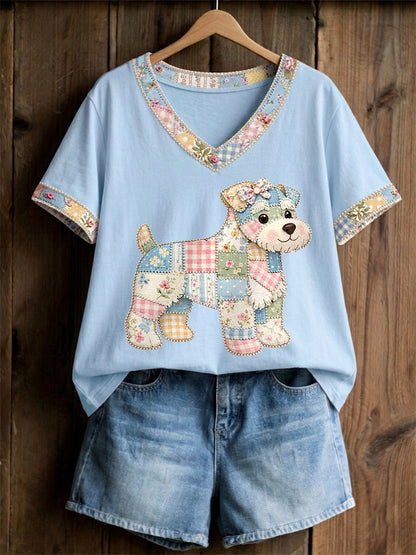 Women's Cute Floral Dog Print Casual V-Neck Tee