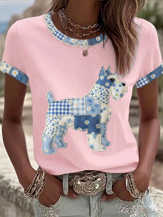 Women's Cute Floral Dog Print Casual Tee