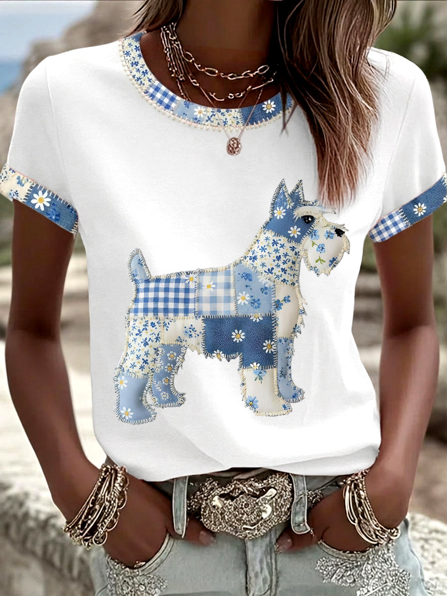 Women's Cute Floral Dog Print Casual Tee