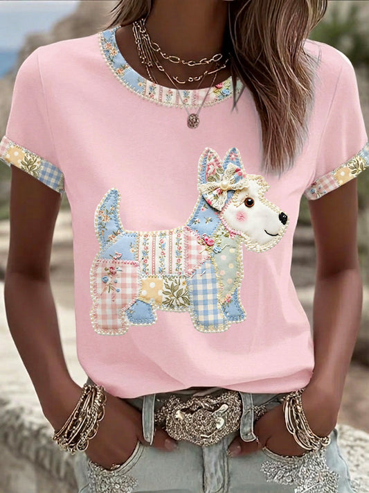 Women's Cute Floral Dog Print Casual Tee