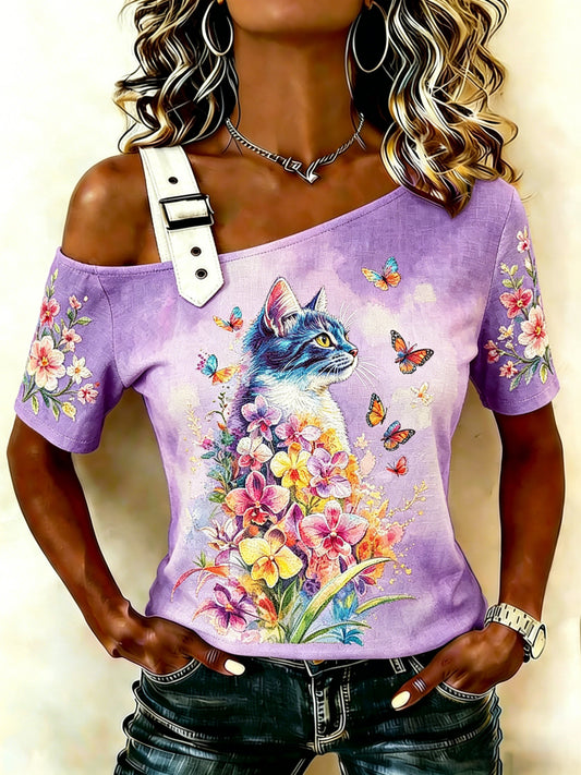 Women's Casual Strappy Off-Shoulder Top With Animal Art Print