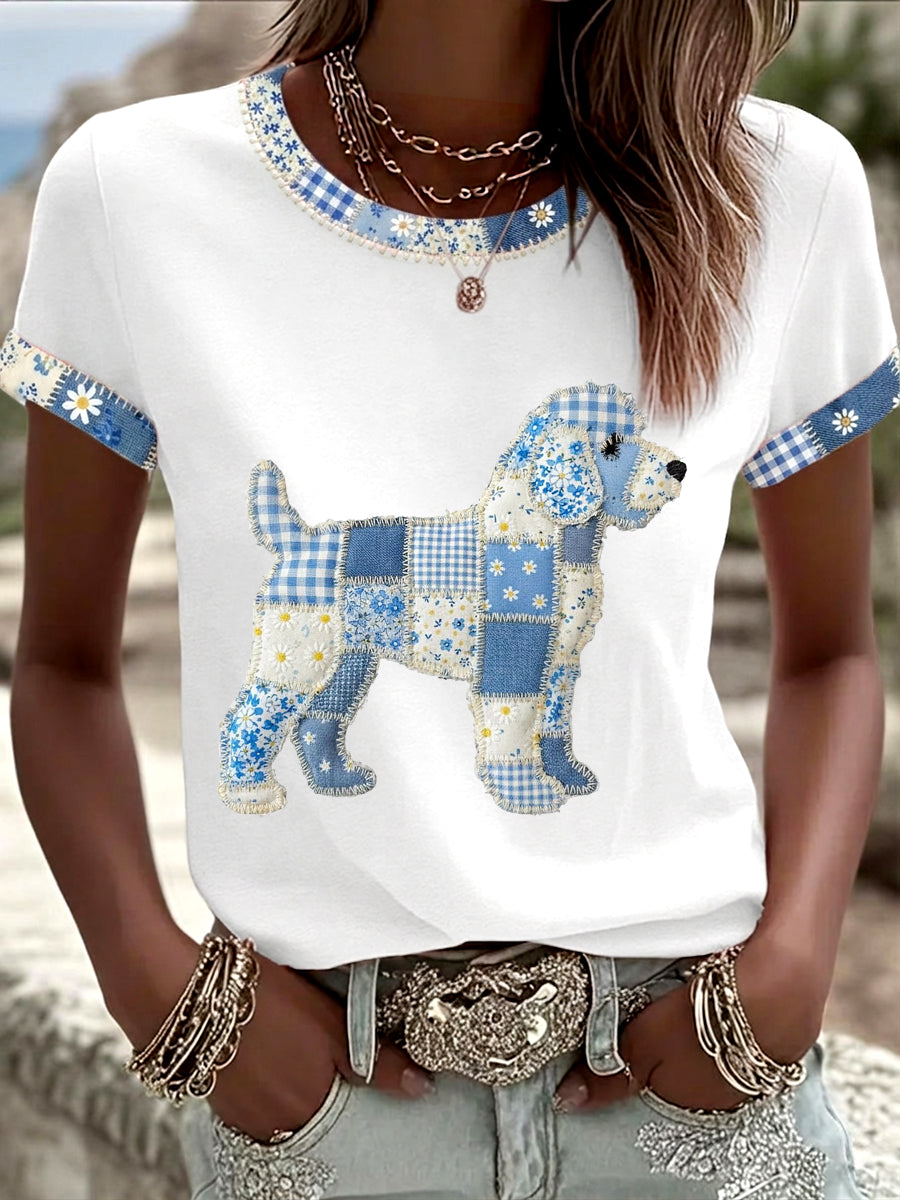 Women's Cute Floral Dog Print Casual Tee