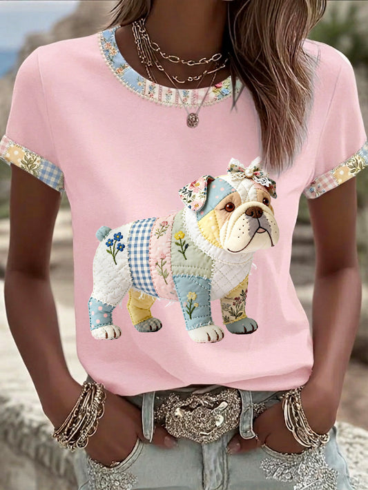 Women's Cute Floral Dog Print Casual Tee
