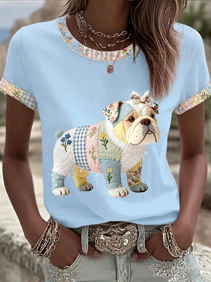 Women's Cute Floral Dog Print Casual Tee
