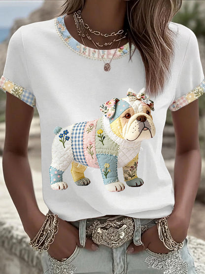 Women's Cute Floral Dog Print Casual Tee