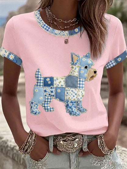 Women's Cute Floral Dog Print Casual Tee