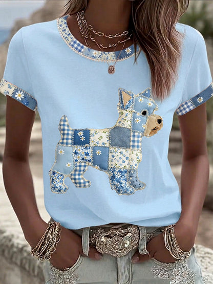 Women's Cute Floral Dog Print Casual Tee