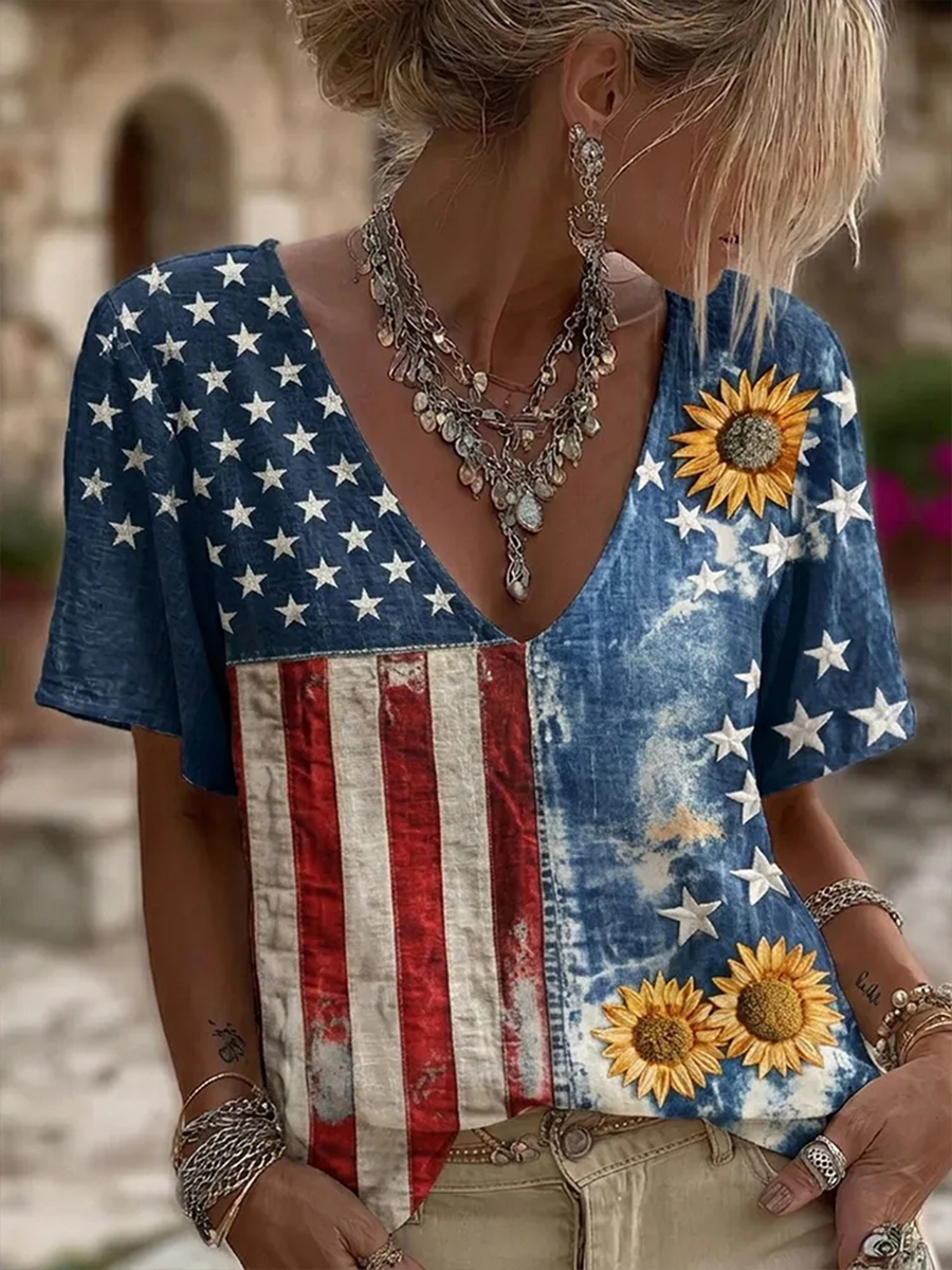 Women's National Flag Flower Linen Short-sleeved T-shirt
