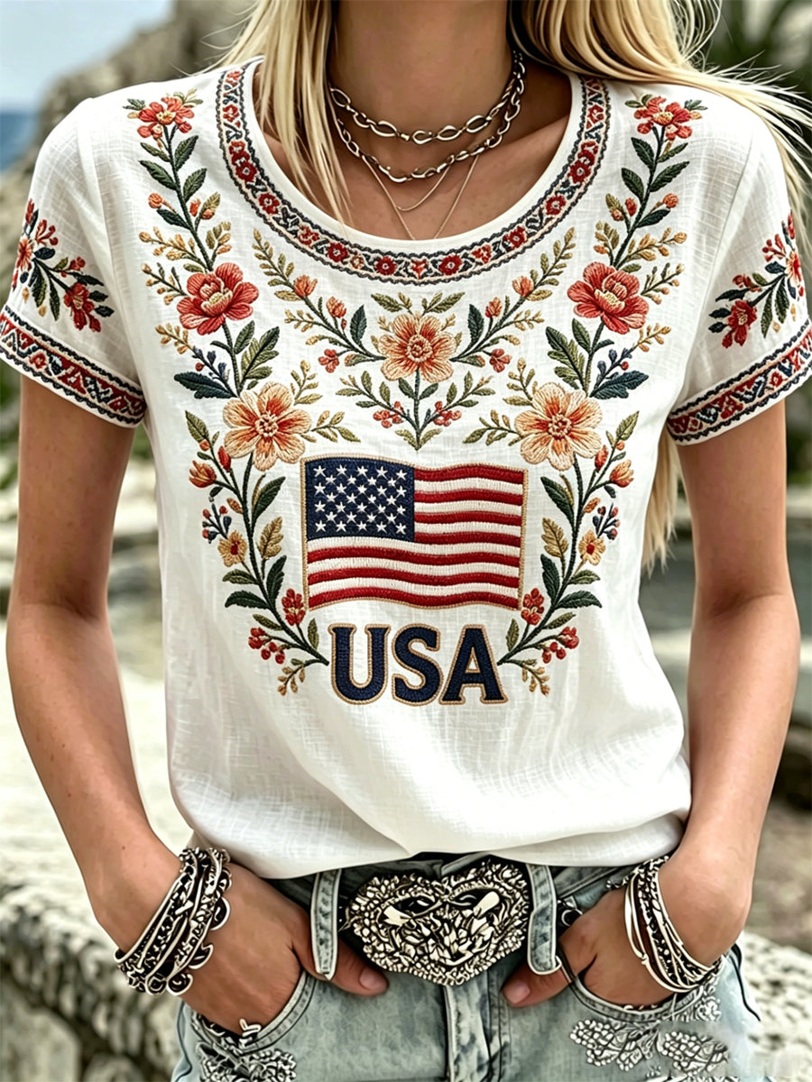 Women's America Floral Print Casual T-Shirt
