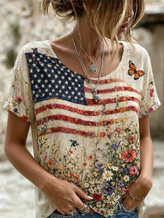 Women's National Flag Flower Lnen Short-sleeved T-shirt