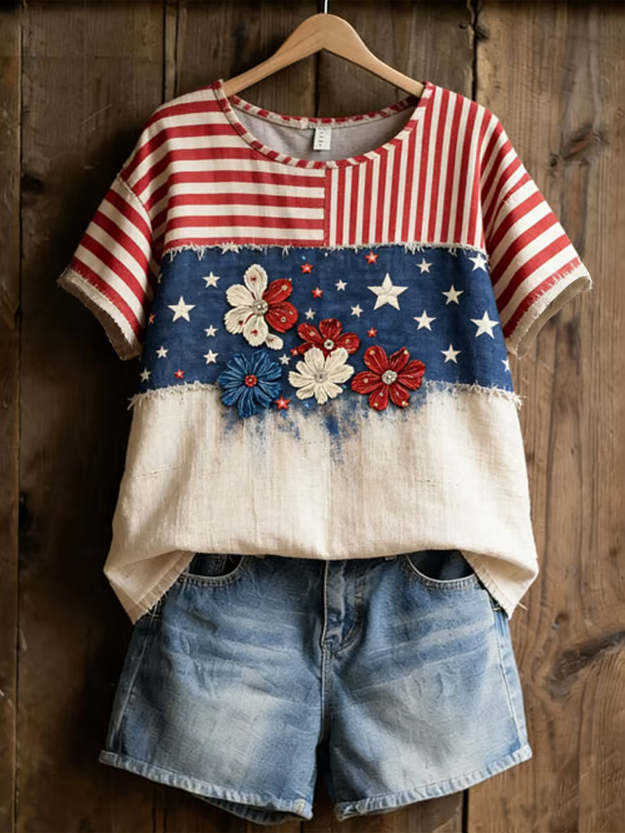 Women's America Floral Print Casual T-Shirt