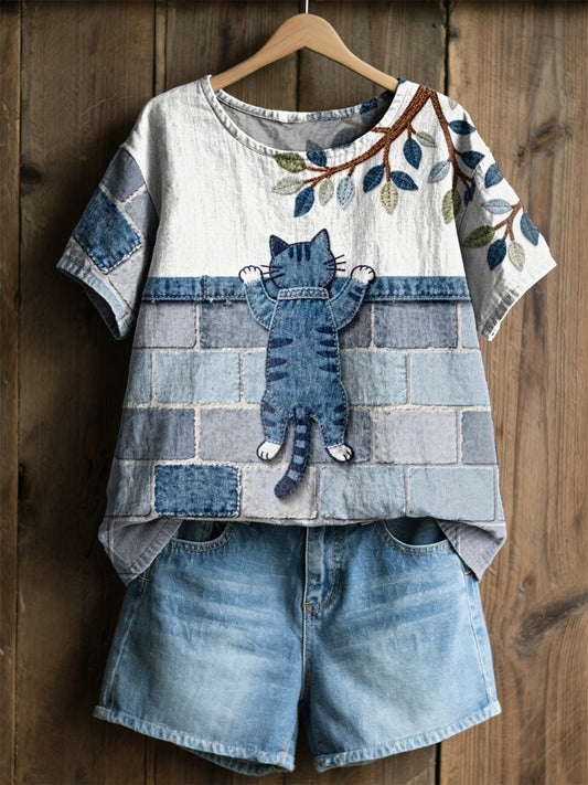 Women's Floral Cat Print Casual Tee