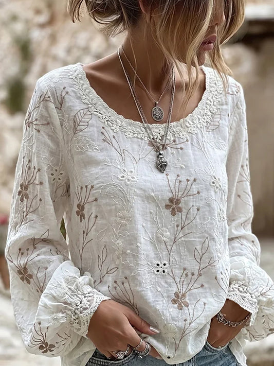 Women's Vintage Floral Art Print Casual Cotton-Linen Top