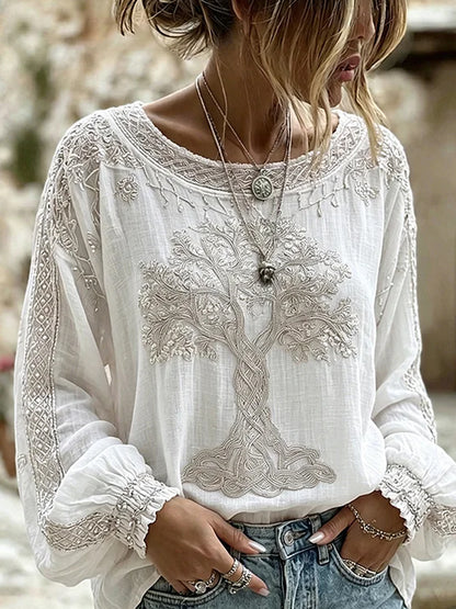 Women's Vintage Floral Art Print Casual Cotton-Linen Top