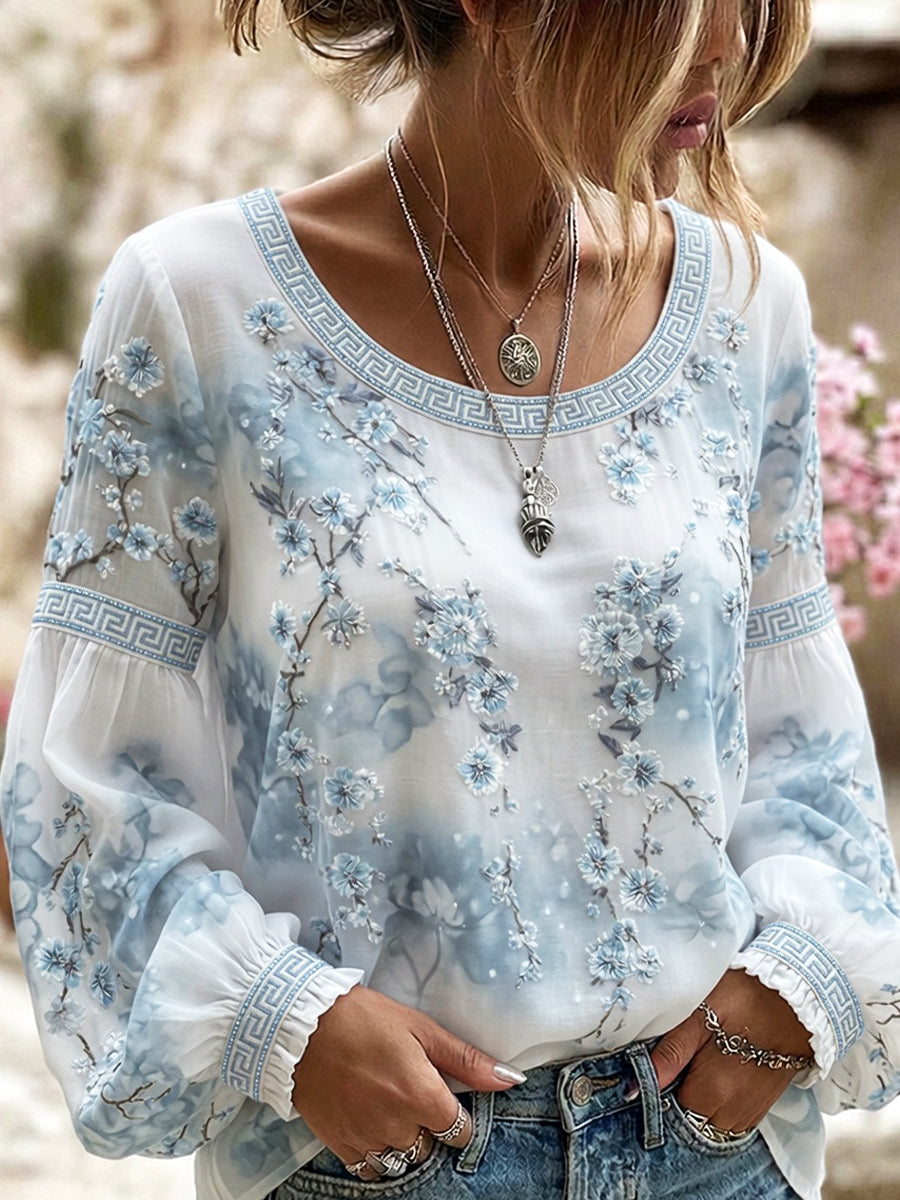 Women's Vintage Floral Art Print Casual Cotton-Linen Top