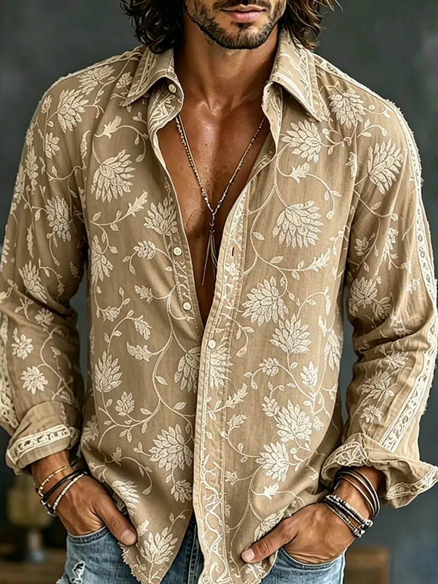 Retro Embroidered Art Print Casual Cotton-Linen Shirt