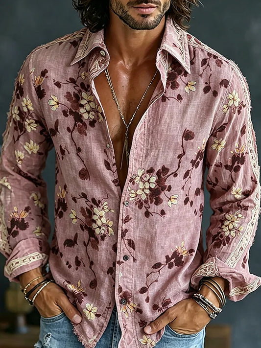 Men's Retro Abstract Art Print Casual Cotton-Linen Shirt