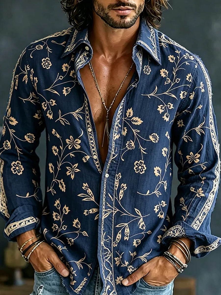 Retro Embroidered Art Print Casual Cotton-Linen Shirt
