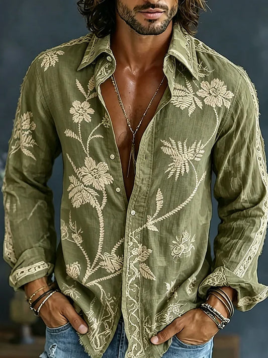 Retro Embroidered Art Print Casual Cotton-Linen Shirt