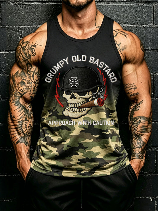 Men's 'grumpy old bastard approach with caution' camo vests