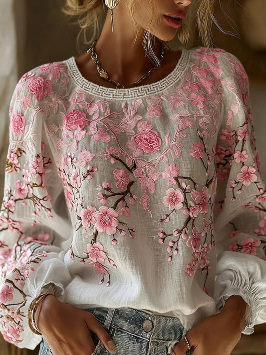 Women's Vintage Floral Art Print Casual Cotton-Linen Top