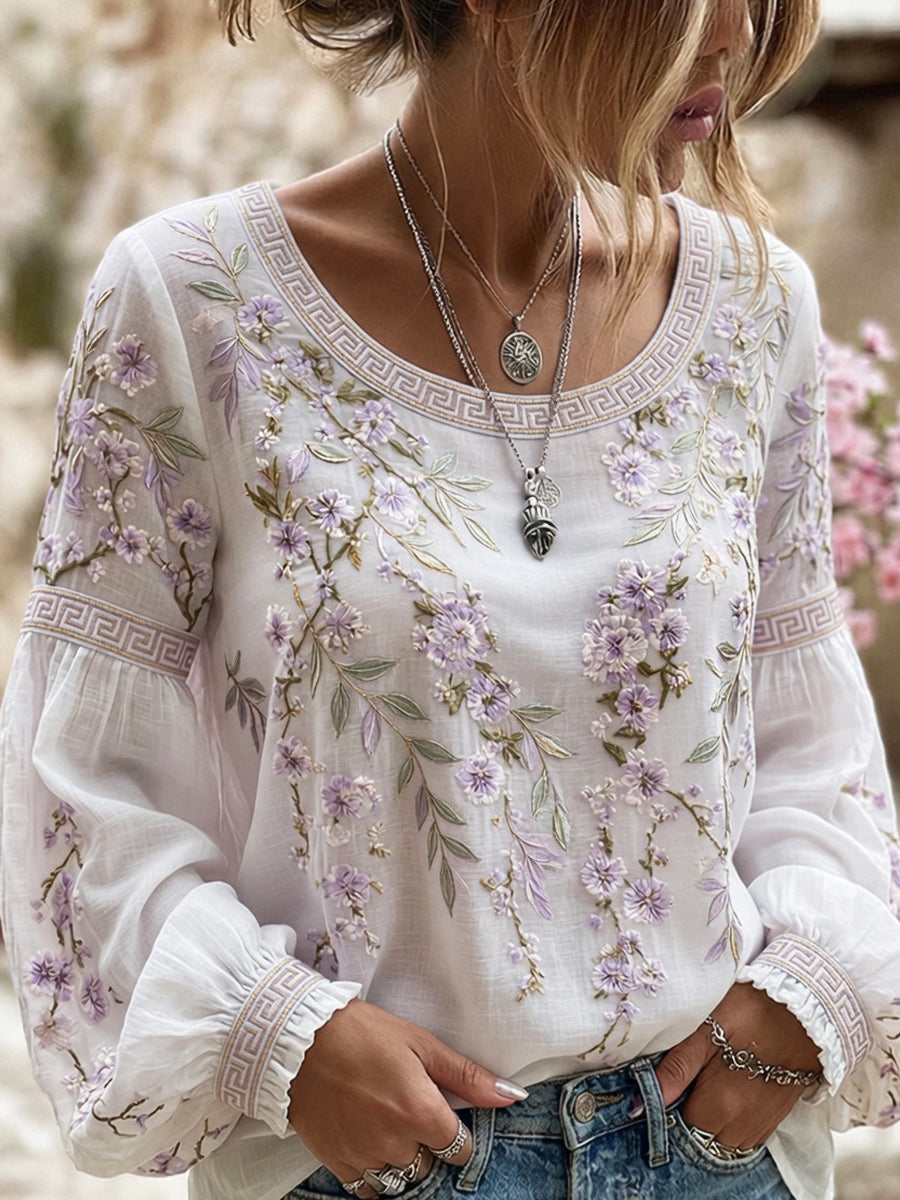 Women's Vintage Floral Art Print Casual Cotton-Linen Top