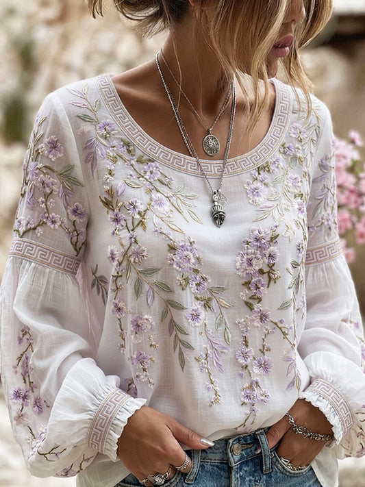 Women's Vintage Floral Art Print Casual Cotton-Linen Top